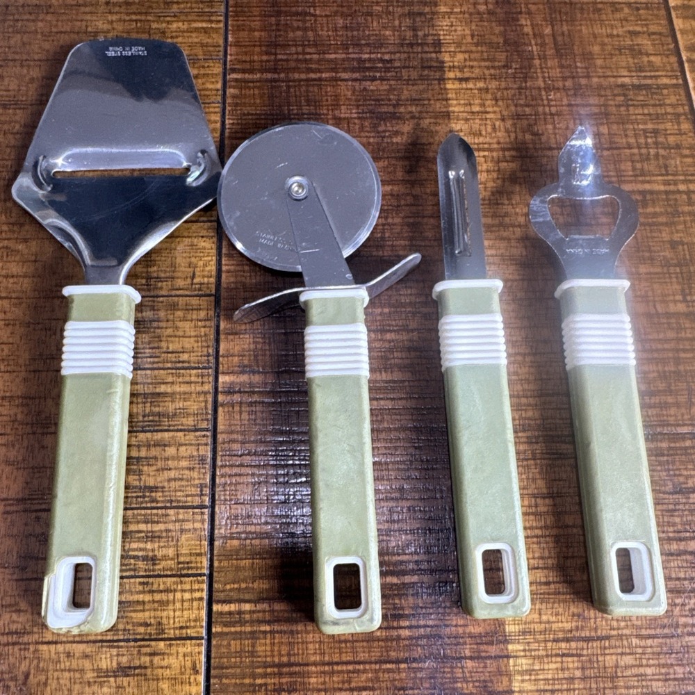 Vtg MCM Olive Green 4pc Pizza Cheese Peeler Opener Stainless Steel Kitchen Ware